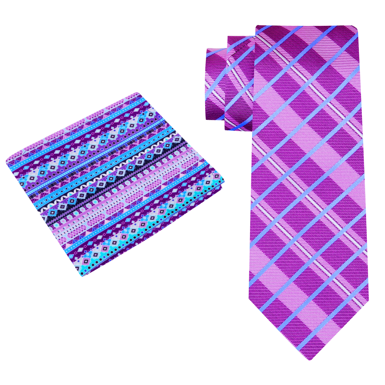 View 2: Purple Plaid Necktie with Purple, Blue, Pink Abstract Pocket Square