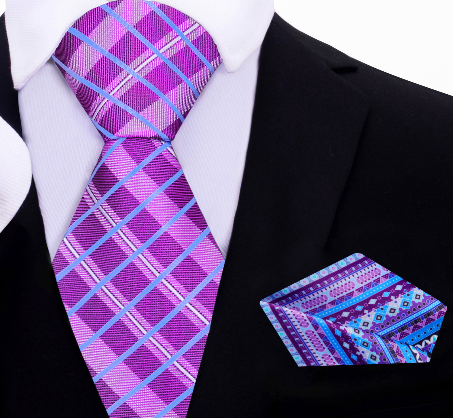 Purple Plaid Necktie with Purple, Blue, Pink Abstract Pocket Square