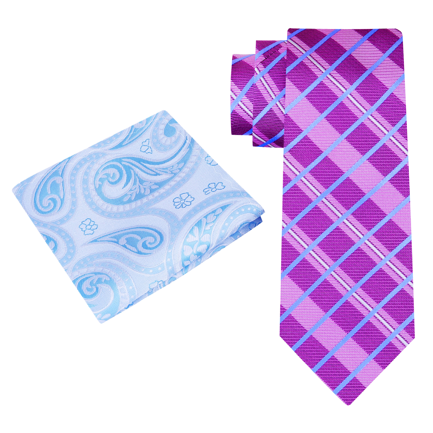 View 2: Purple Plaid Necktie with Light Blue Paisley Pocket Square
