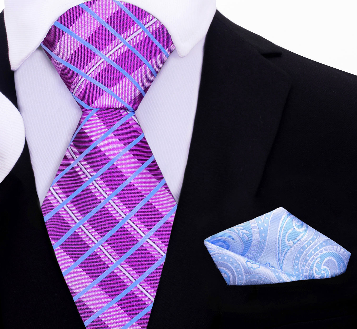 Purple Plaid Necktie with Light Blue Paisley Pocket Square