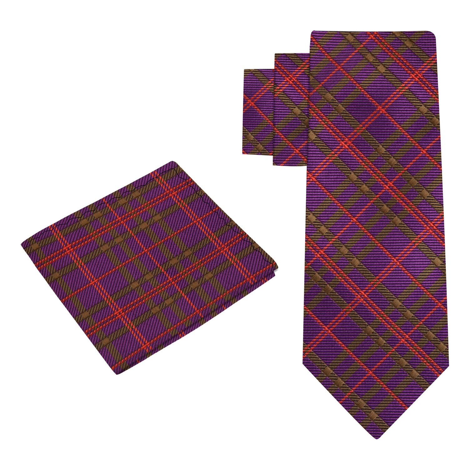Purple, Red, Olive Plaid Silk Necktie with Olive and Matching Pocket Square