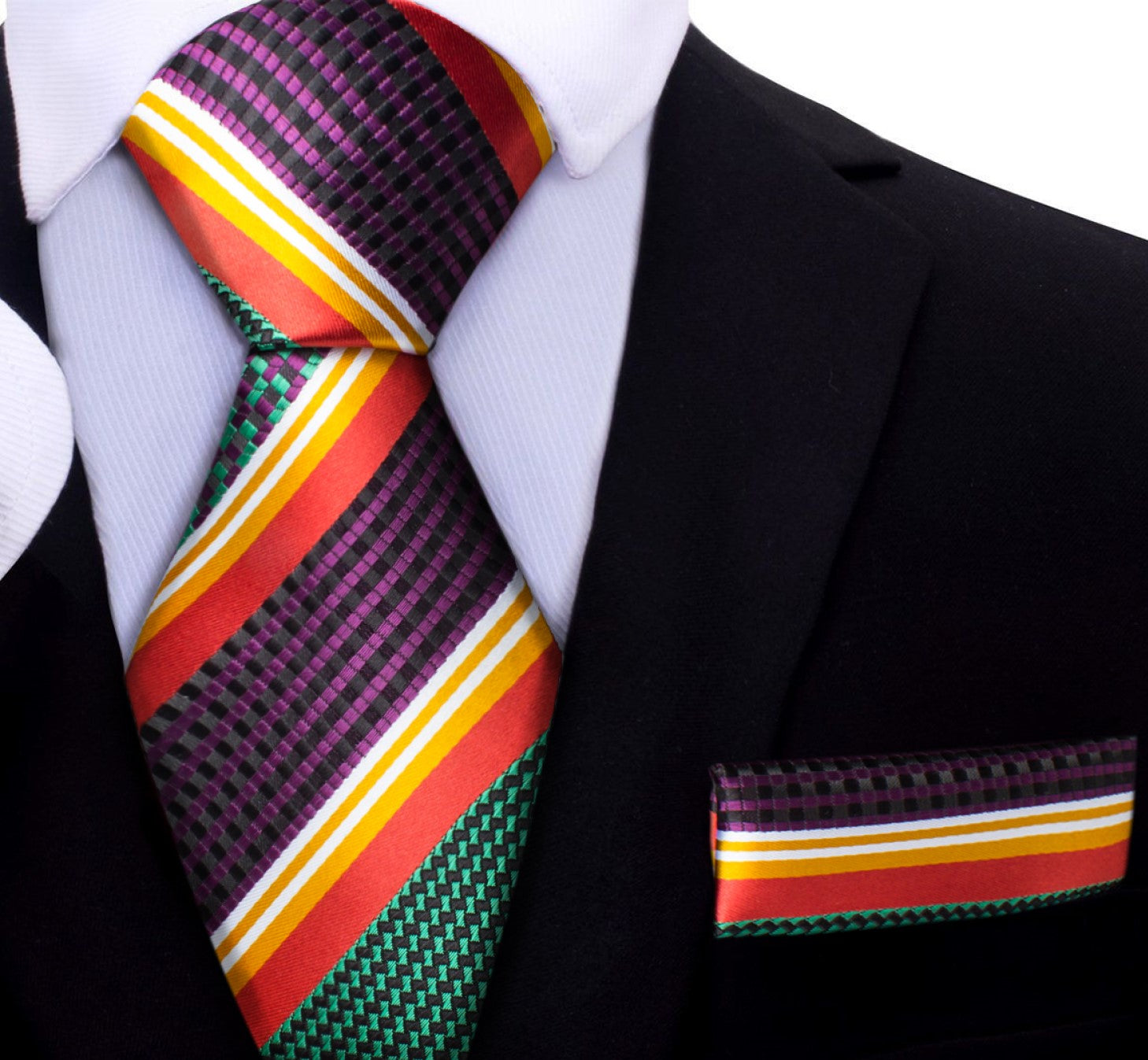 A Purple, Green, Red, Yellow Check And Stripe Pattern Silk Necktie, Matching Pocket Square