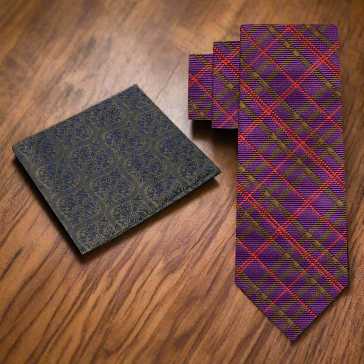 Purple, Red, Olive Plaid Silk Necktie with Olive and Blue Abstract Pocket Square