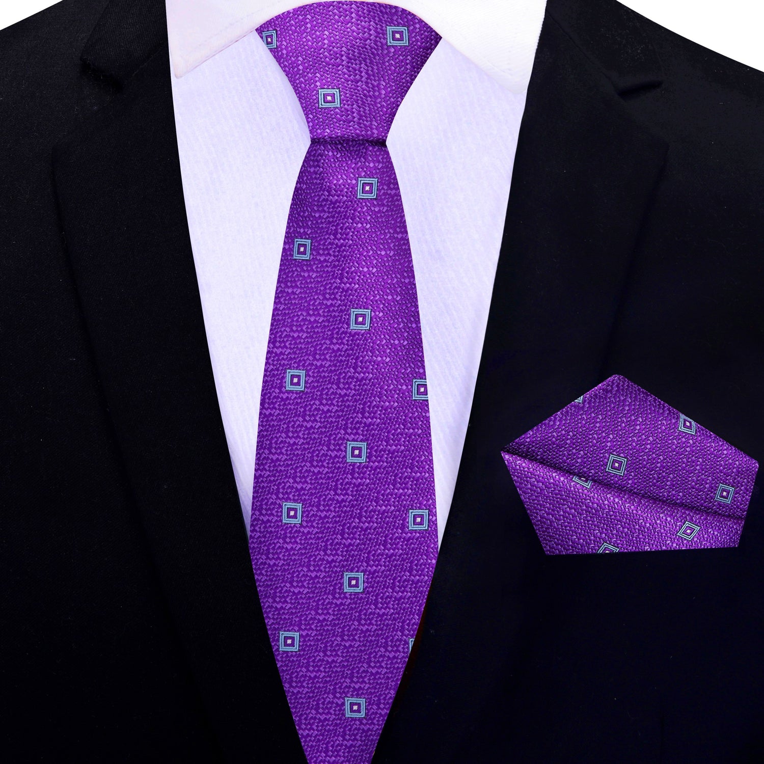 Thin Tie: Purple, Light Blue Small Medallions Tie and Pocket Square