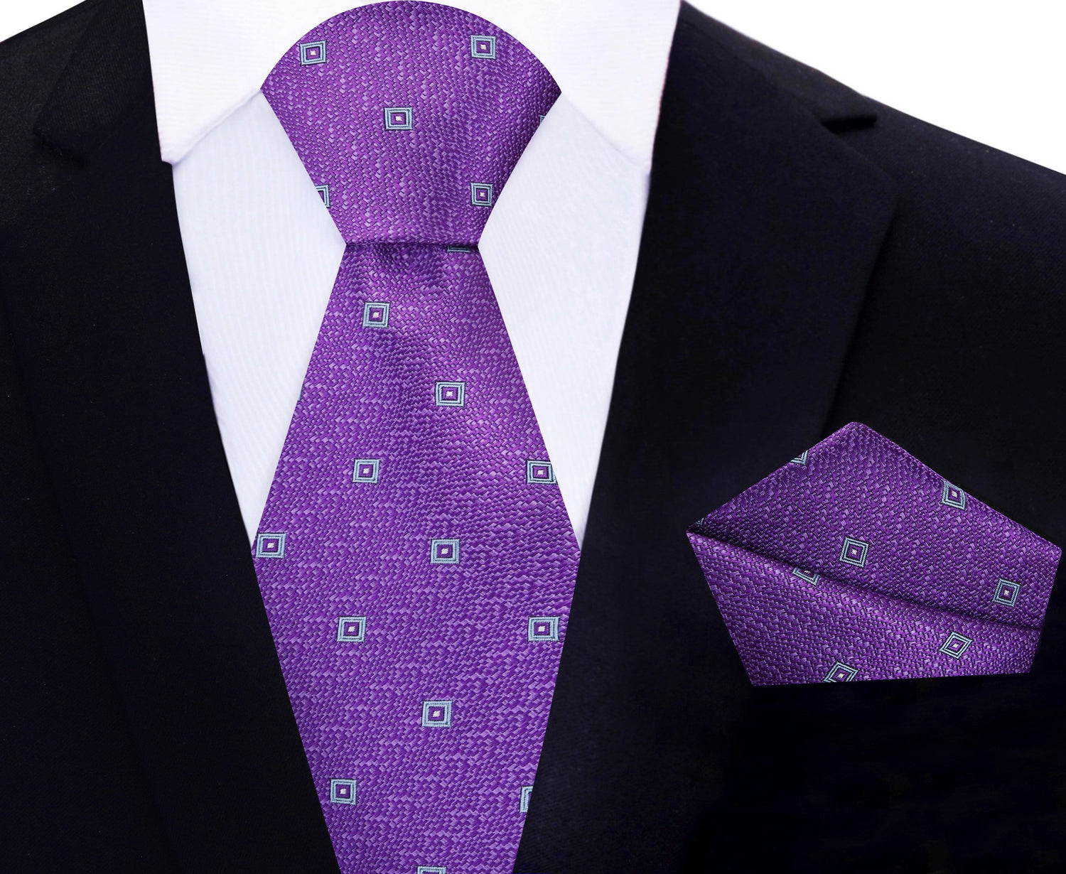 Main View: Purple, Light Blue Small Medallions Tie and Pocket Square