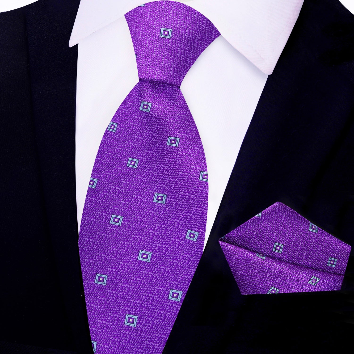 Purple, Light Blue Small Medallions Tie and Pocket Square