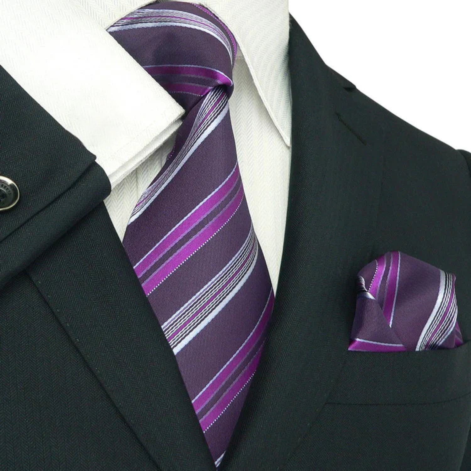 A Purple, Dark Purple Stripe Pattern Silk Necktie, With Matching Pocket Square