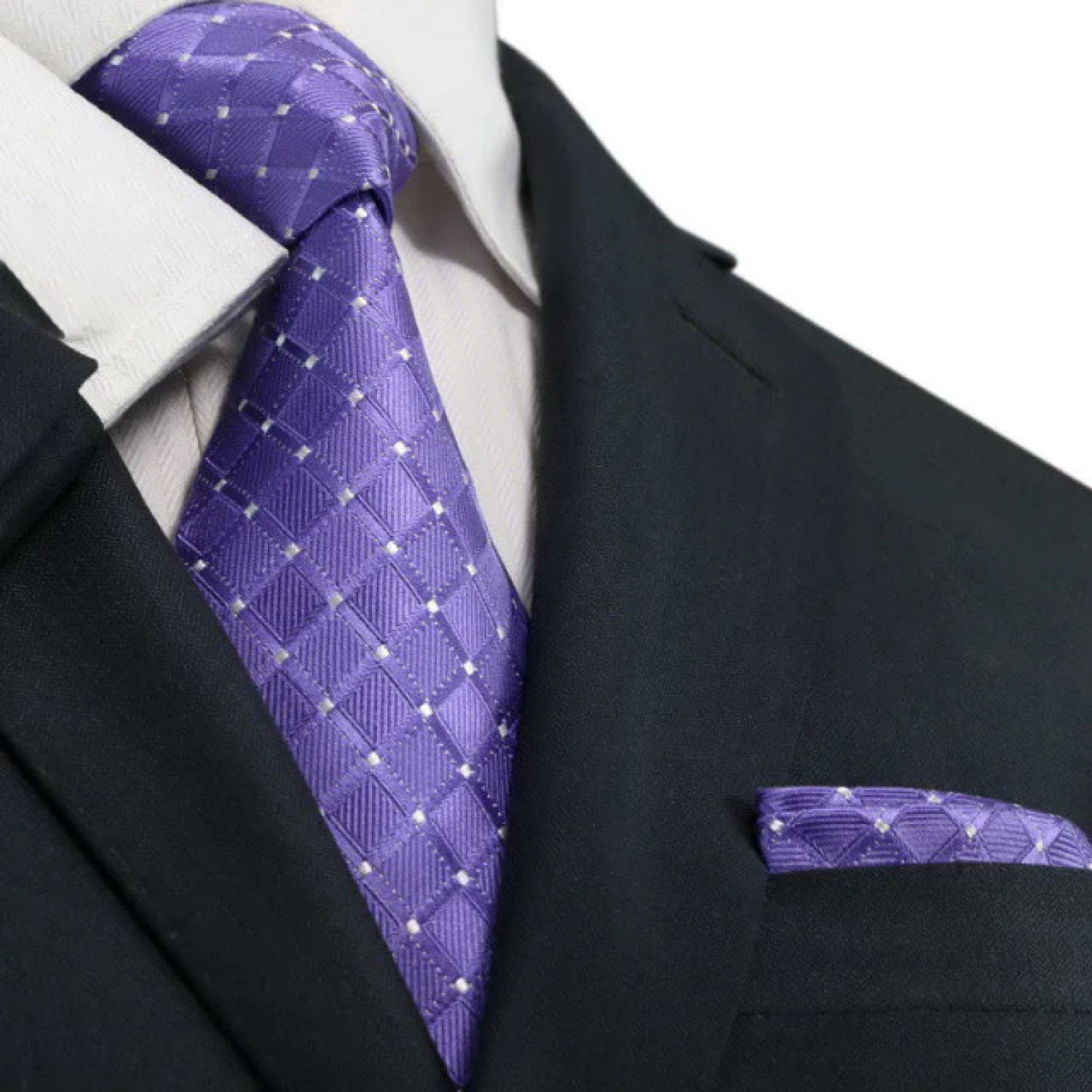 A Purple, White Geometric Diamond With Small Check Pattern Silk Necktie, Matching Pocket Square