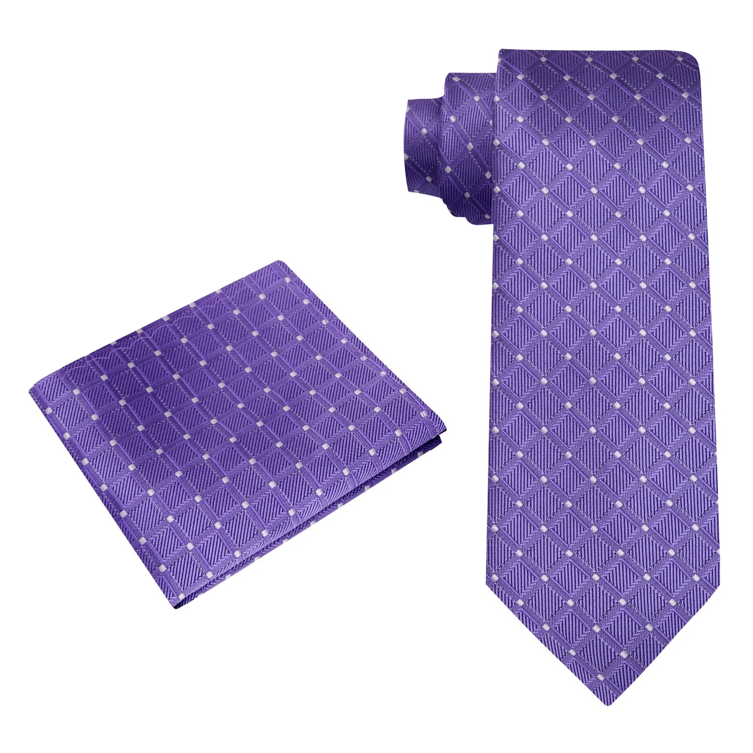 Alt view: A Purple, White Geometric Diamond With Small Check Pattern Silk Necktie, Matching Pocket Square