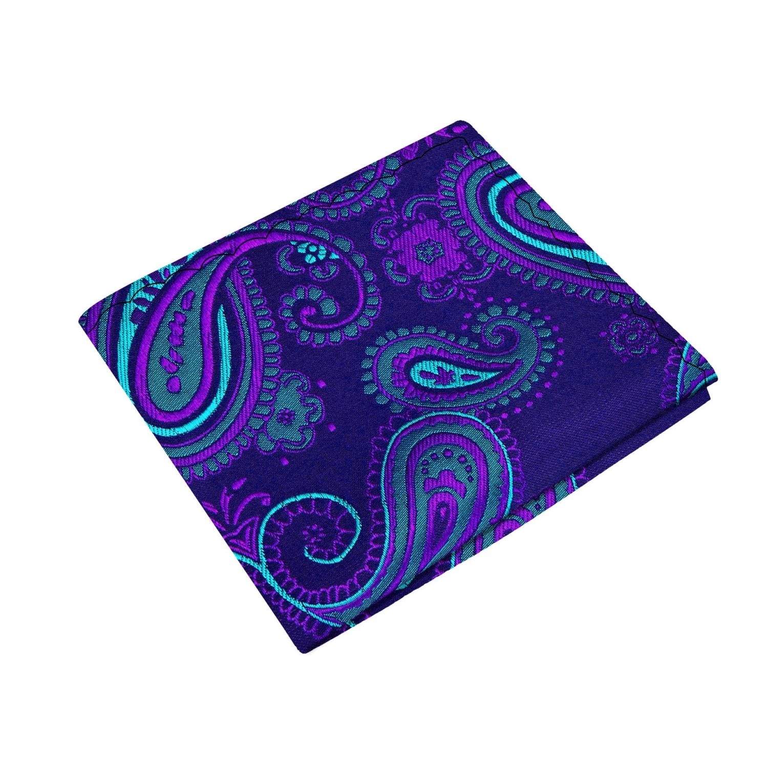 A Teal, Purple Paisley Pattern Silk Pocket Square