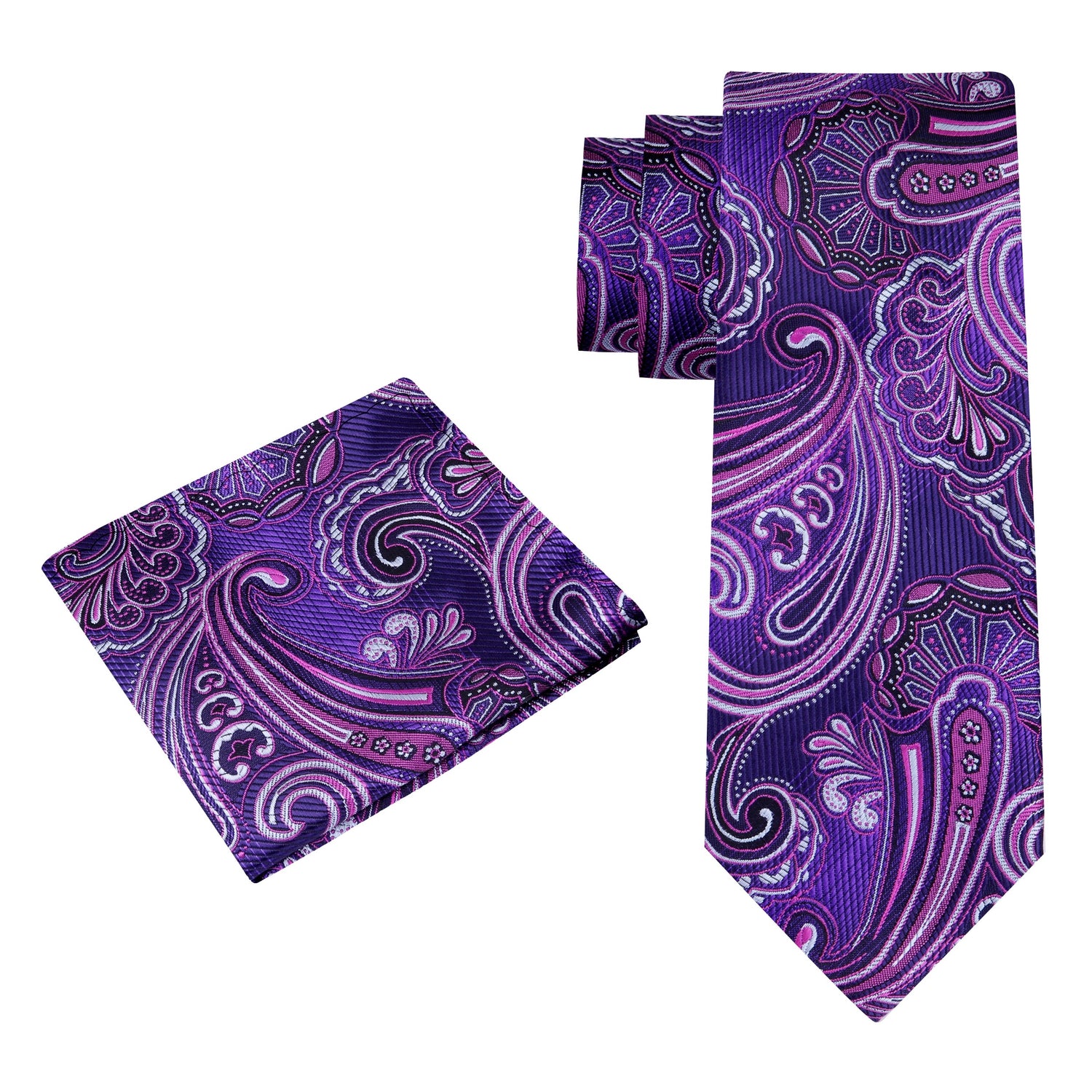Alt View: A Purple, Dark Purple Paisley Pattern Silk Necktie, Matching Silk Pocket Square