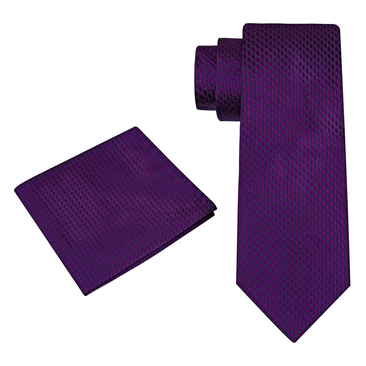 Alt View: A Purple, Black Geometric Oval Shaped Pattern Silk Necktie, Matching Pocket Square