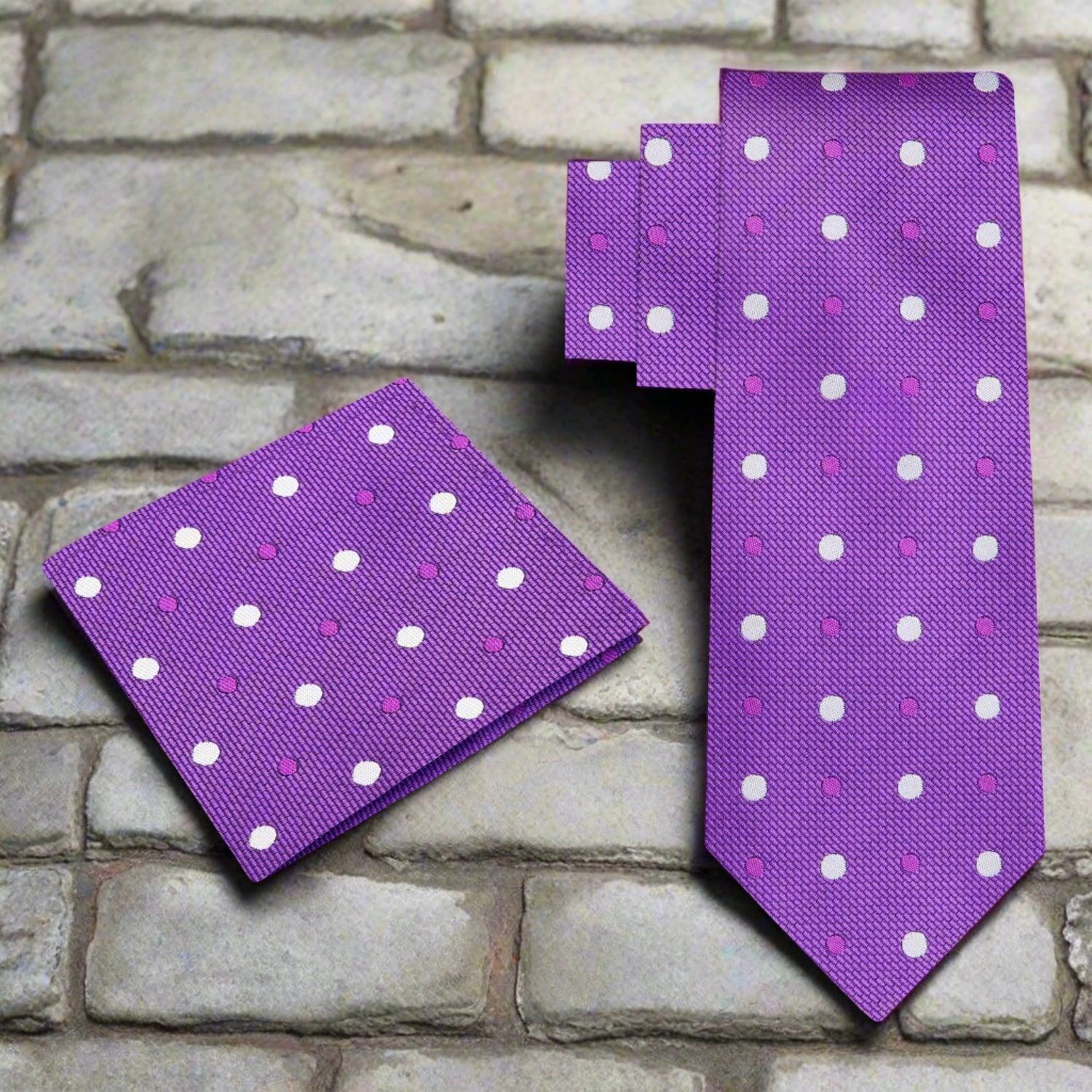 Alt View: A Purple, White Polka Dot Pattern Necktie, Matching Pocket Square