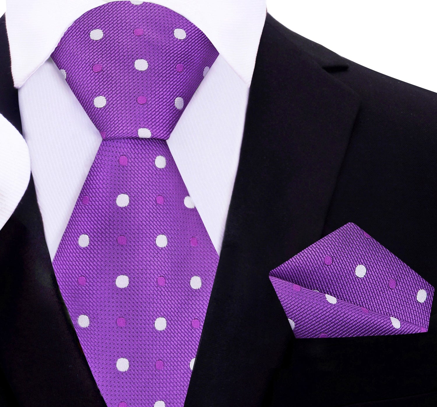 A Purple, White Polka Dot Pattern Necktie, Matching Pocket Square