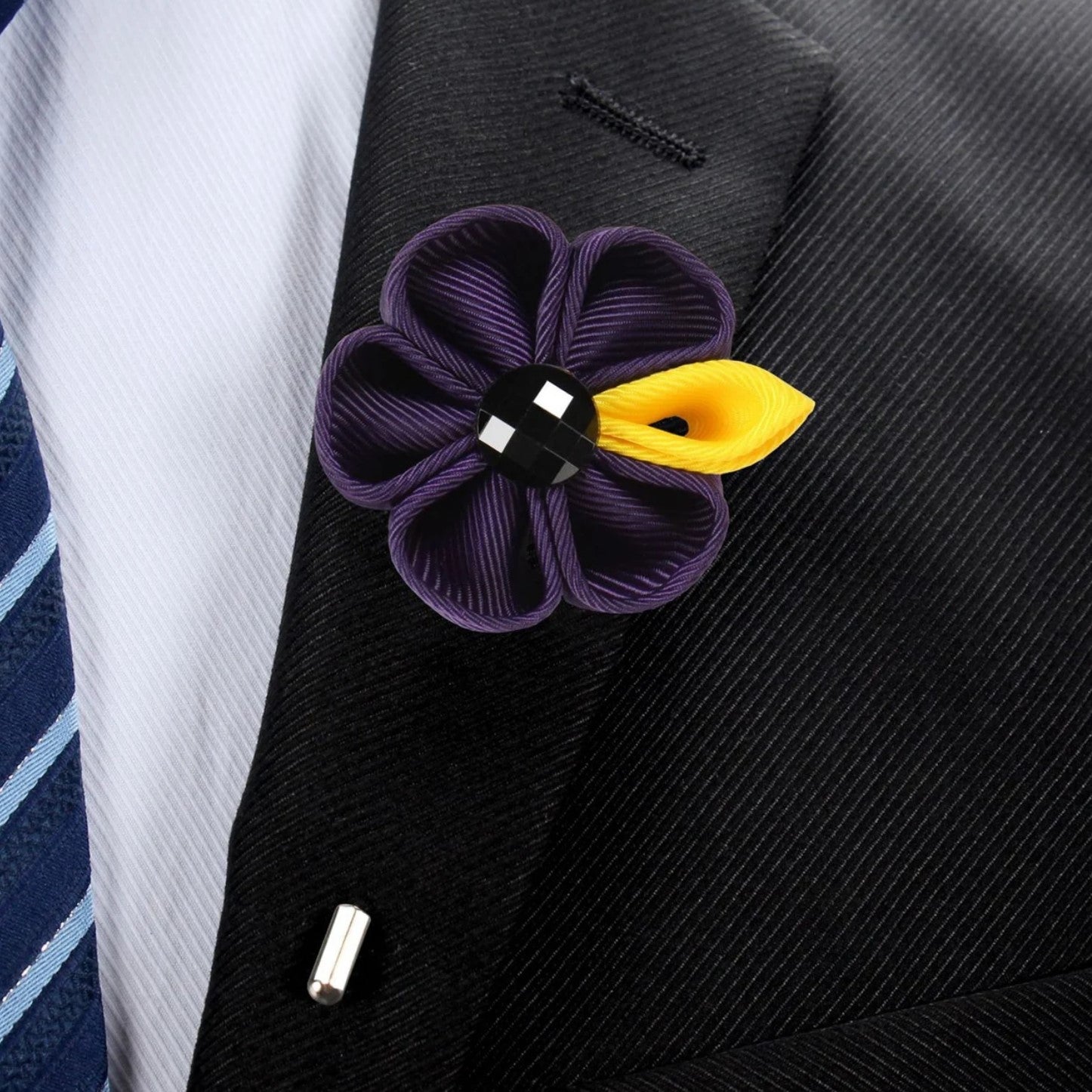 Main View: A Purple, Yellow Colored Thick Petal Lapel Flower||Purple, Yellow