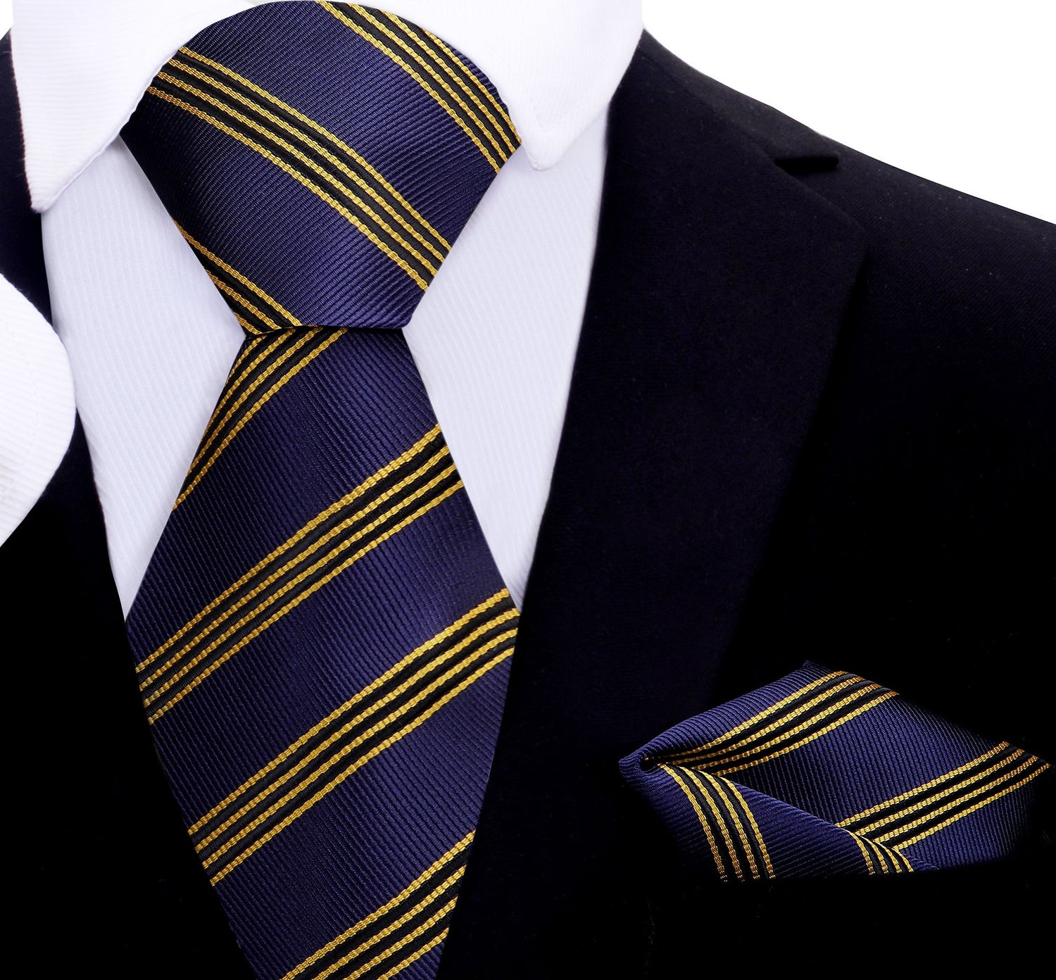 A Indigo, Yellow Stripe Pattern Silk Necktie, Matching Pocket Square|