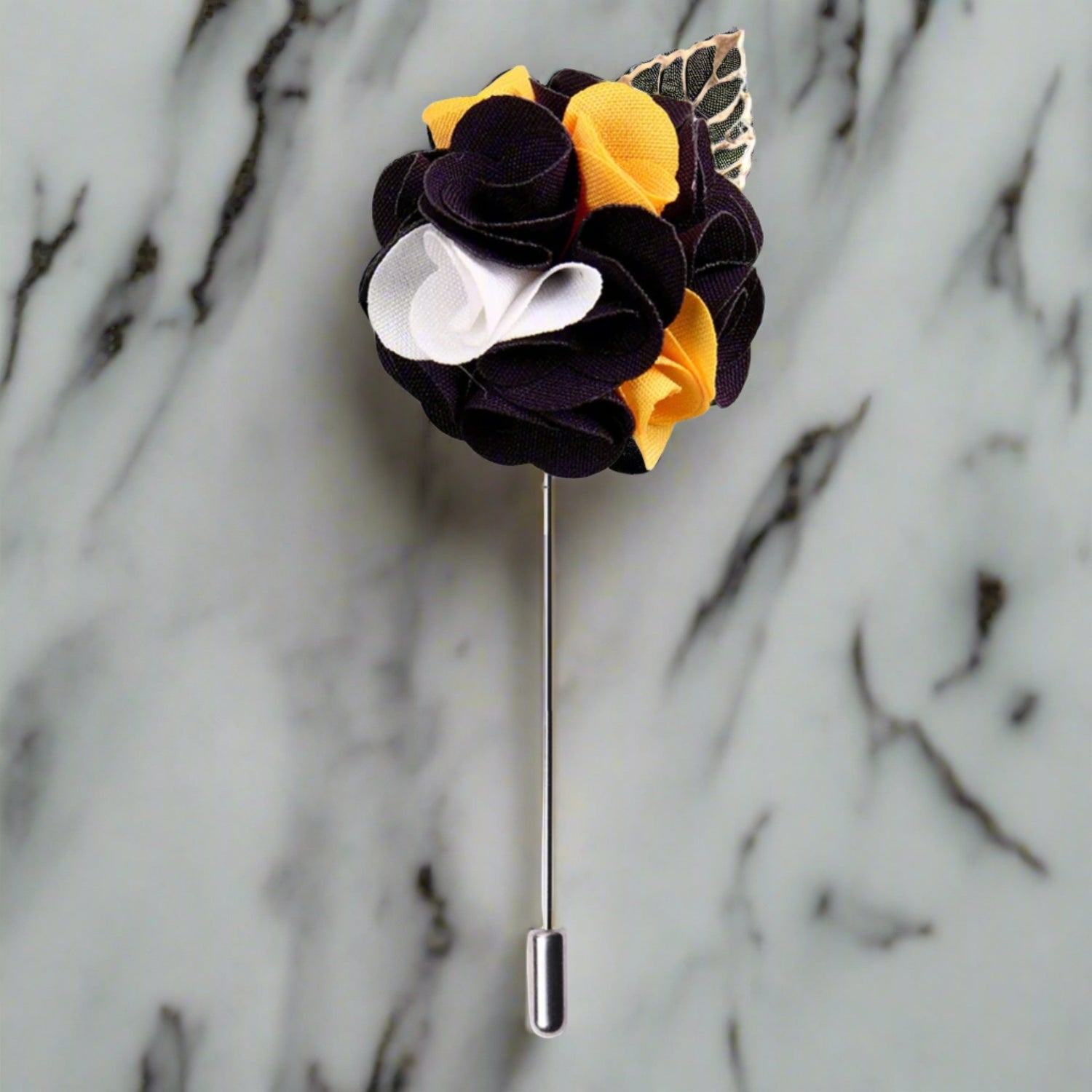 Main View: A Purple, yellow, White Detailed Lapel Flower With Gold Colored Metal Leaf Lapel Pin||Purple, Yellow, White