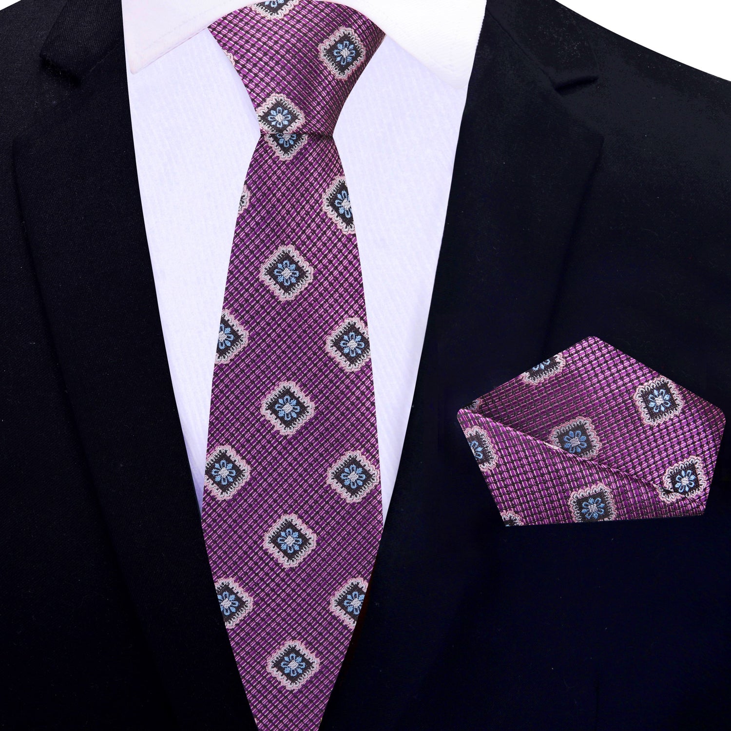 Purple Geometric Medallion Thin Tie and Pocket Square