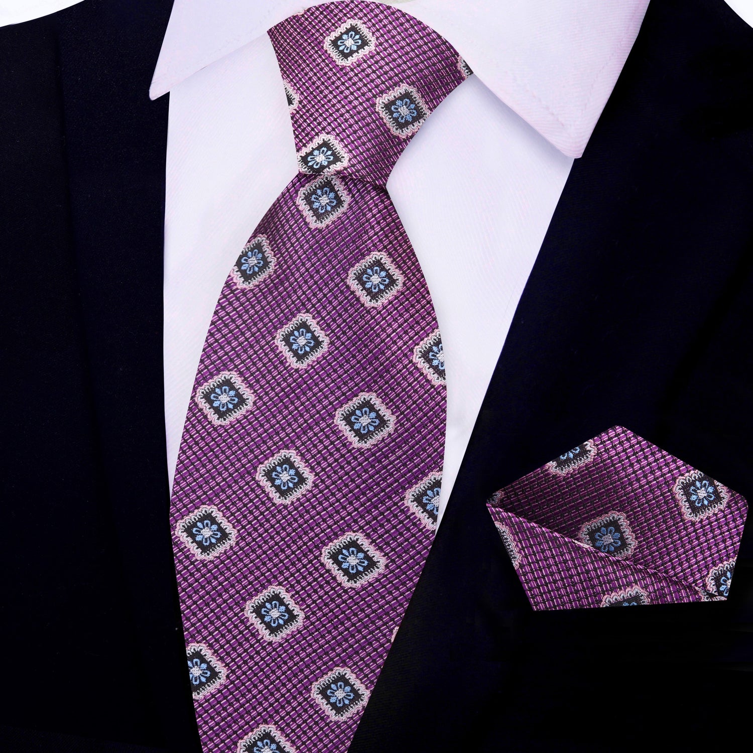 View 2: Purple Geometric Medallion Tie and Pocket Square