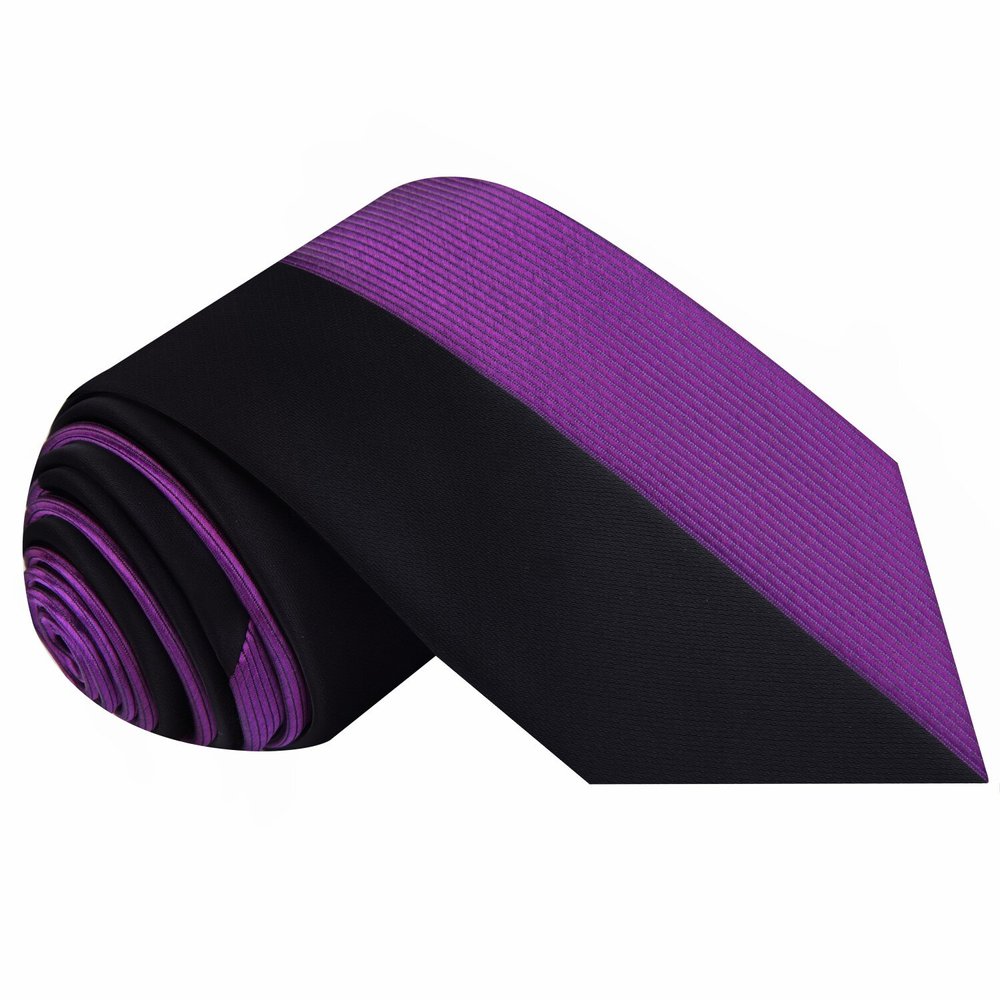 A Black, Purple Geometric Lined Pattern Silk Necktie 