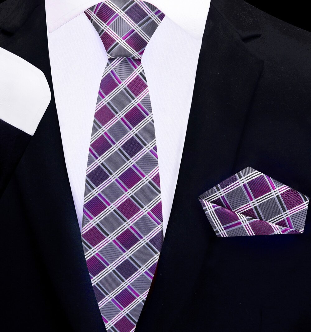 Thin Tie: Grey and Purple Check Tie and Pocket Square