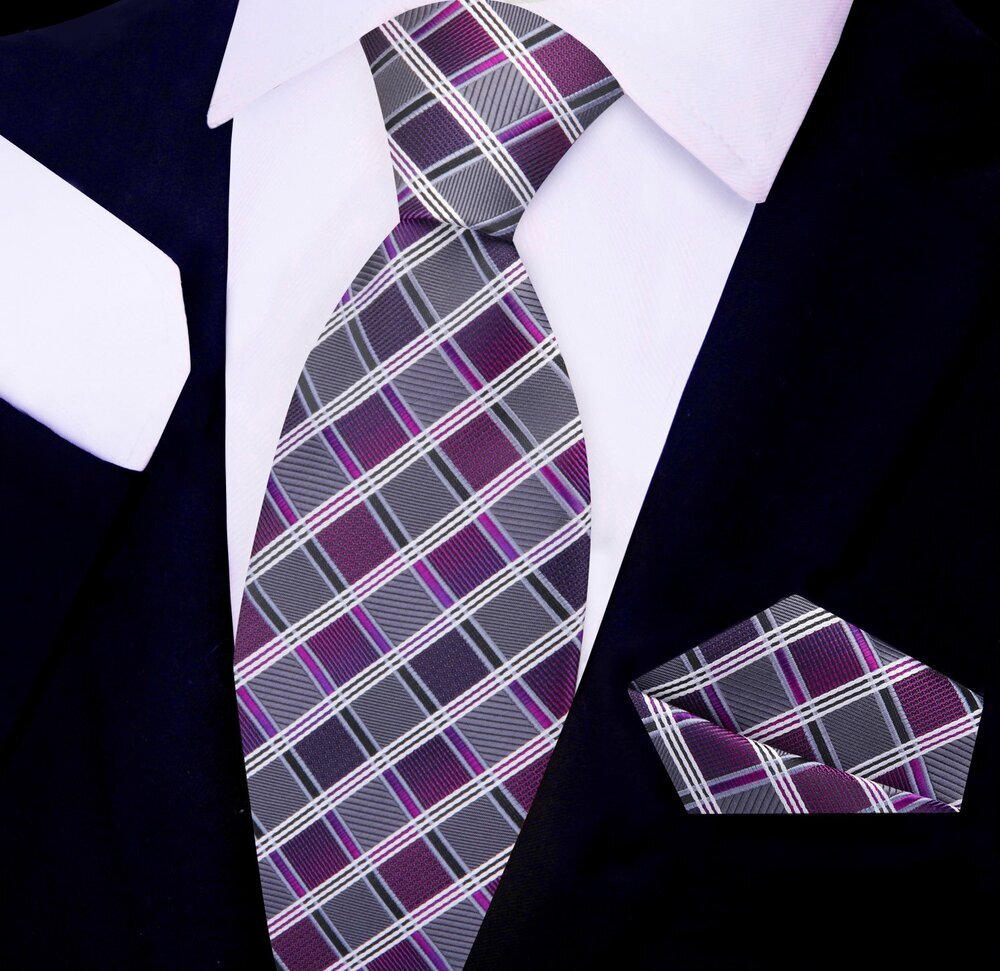 Grey and Purple Check Tie and Pocket Square