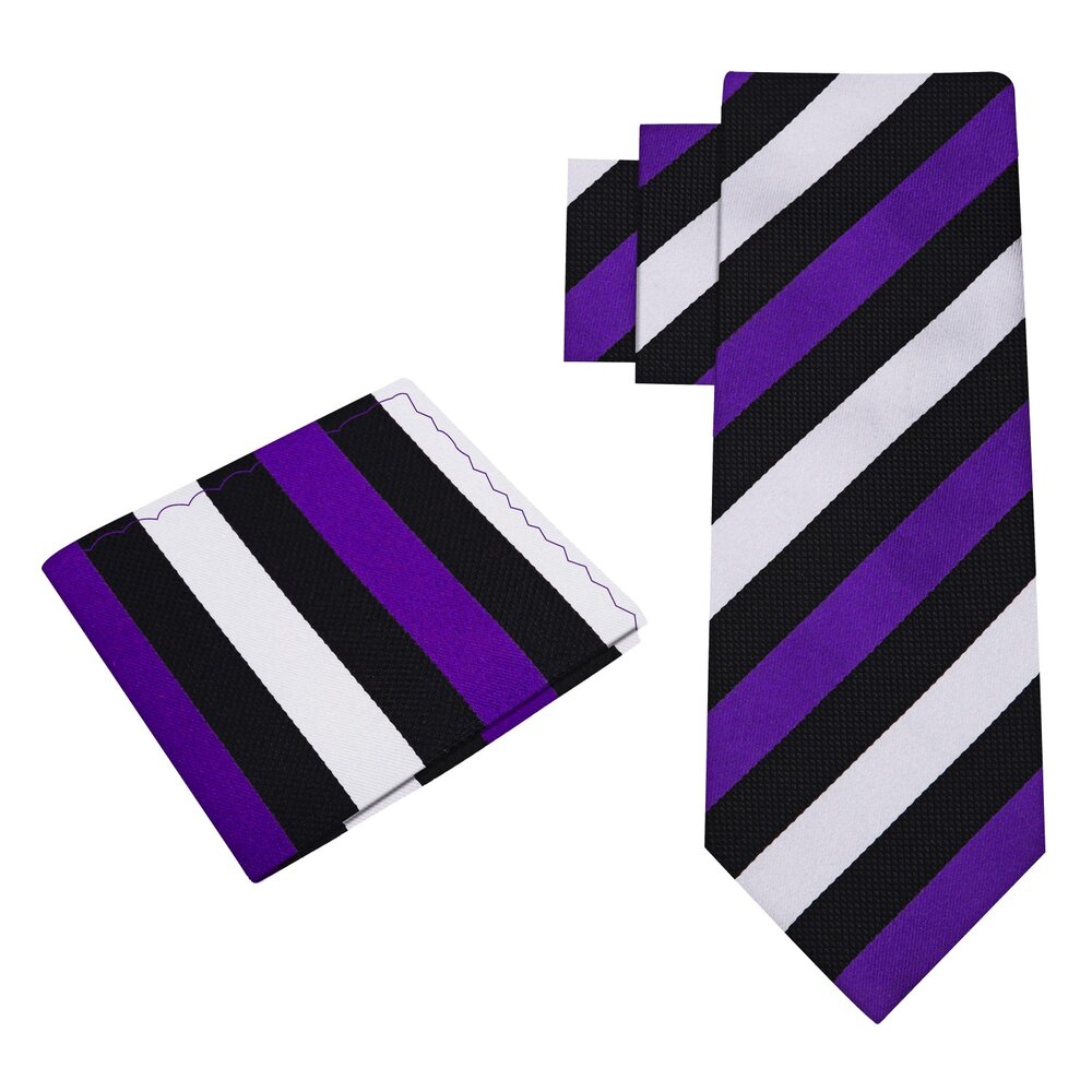 Alt View; Purple, Silver, Black Stripe Tie and Pocket Square