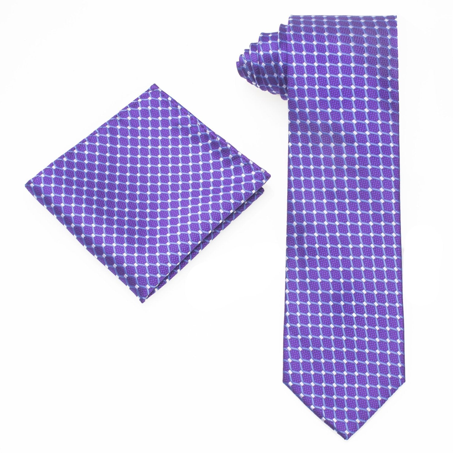 Alt View: A Purple, White, Light Blue Geometric Pattern Pattern Silk Necktie, Matching Pocket Square