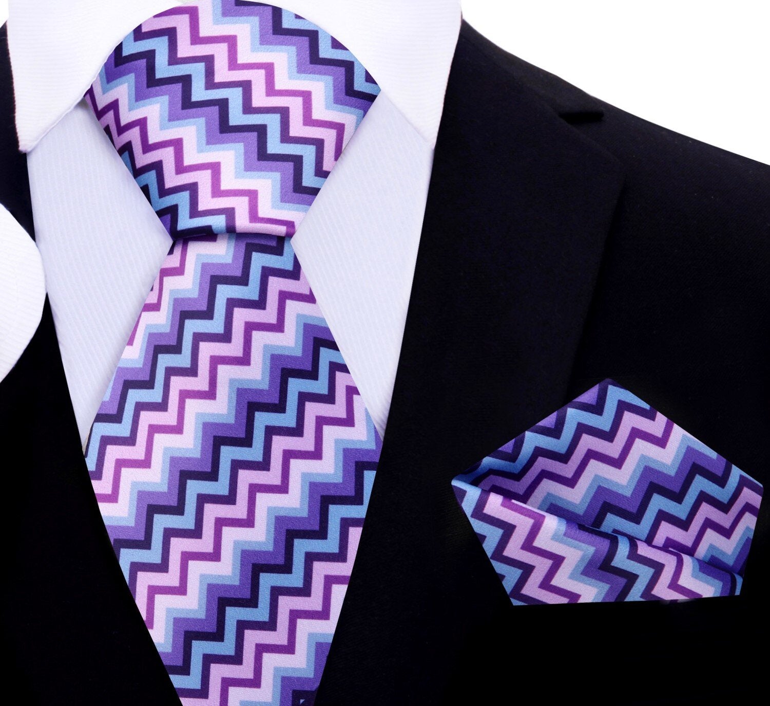 Main View:  Purple, Pink, Blue Jagged Lines Tie and Pocket Square