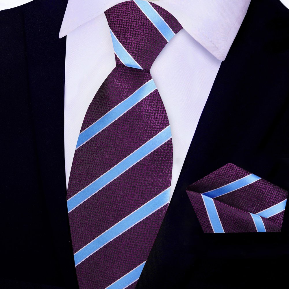 Purple, Light Blue Stripe Tie and Pocket Square