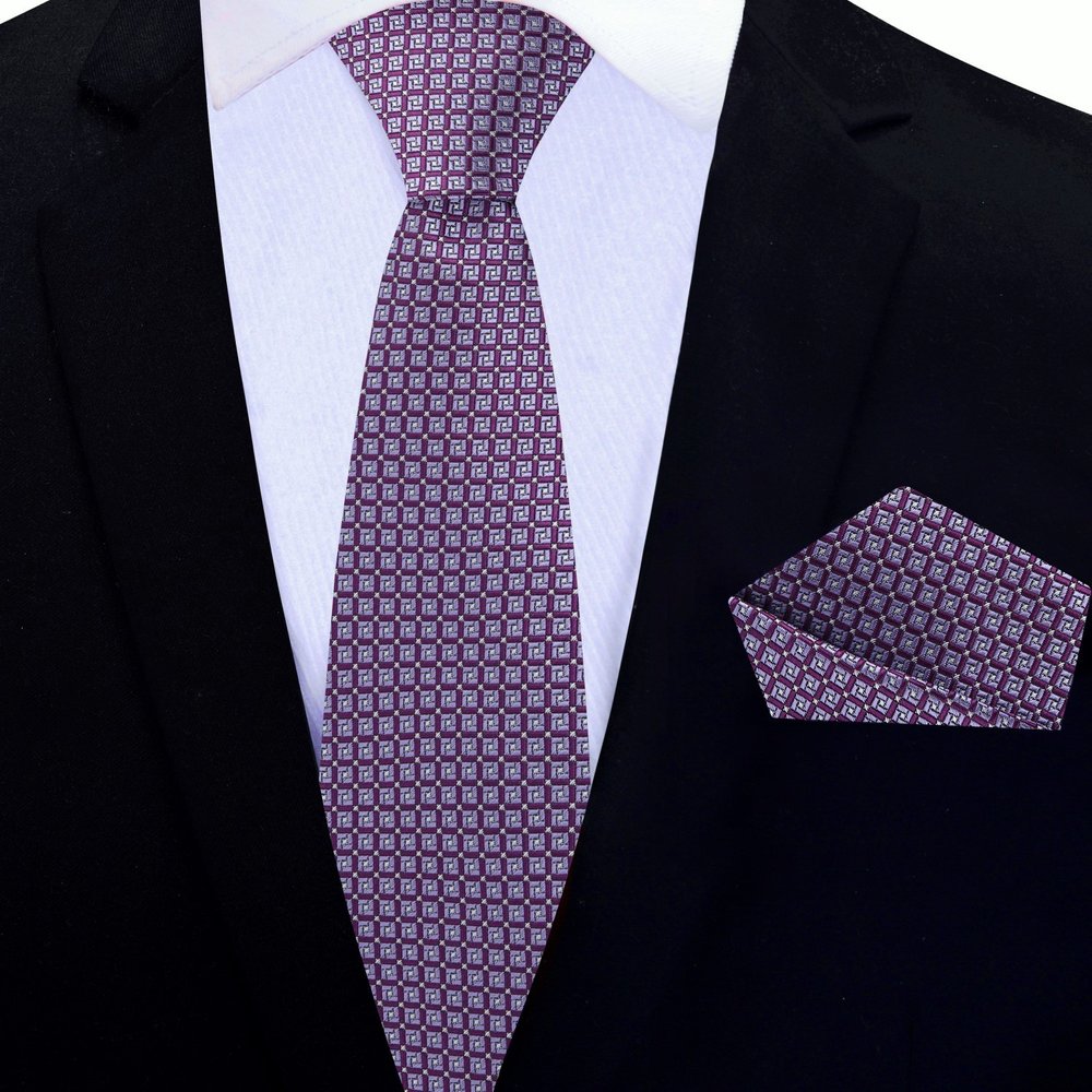 Purple Geometric Thin Tie and Pocket Square||Purple