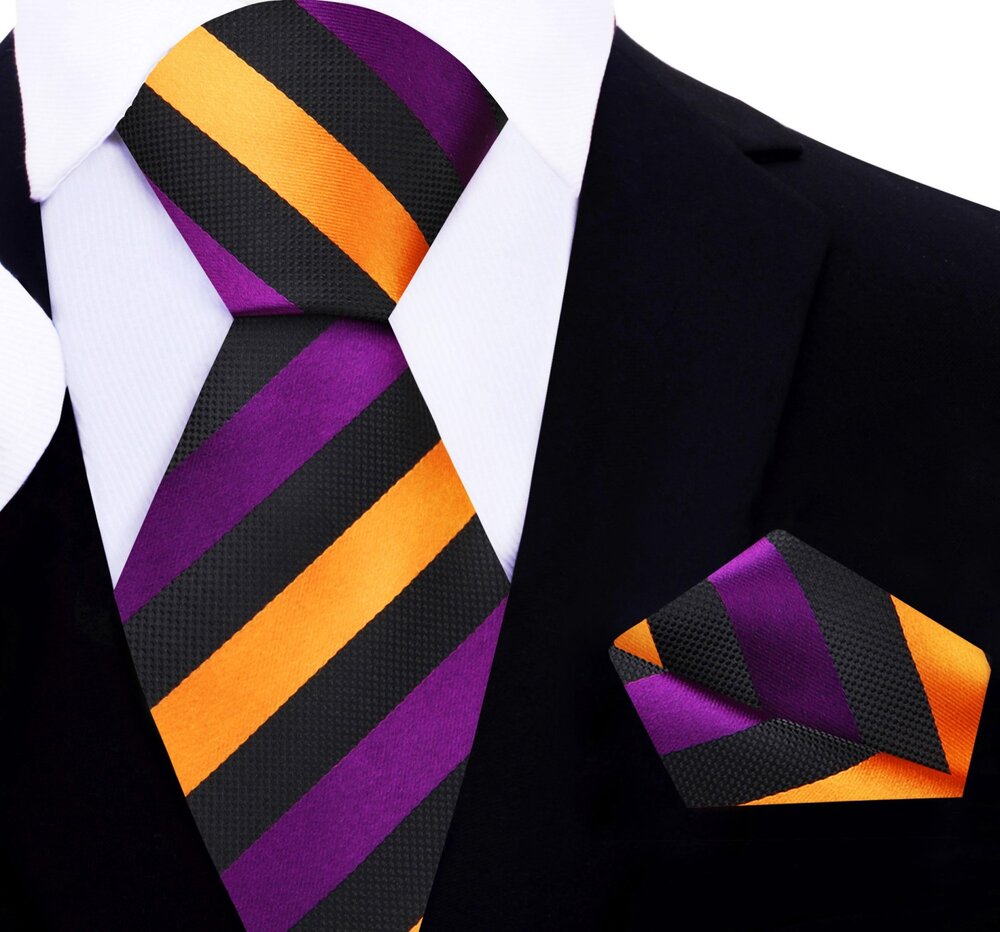 Black, Purple, Marigold Stripe Tie and Pocket Square||Purple, Marigold, Black