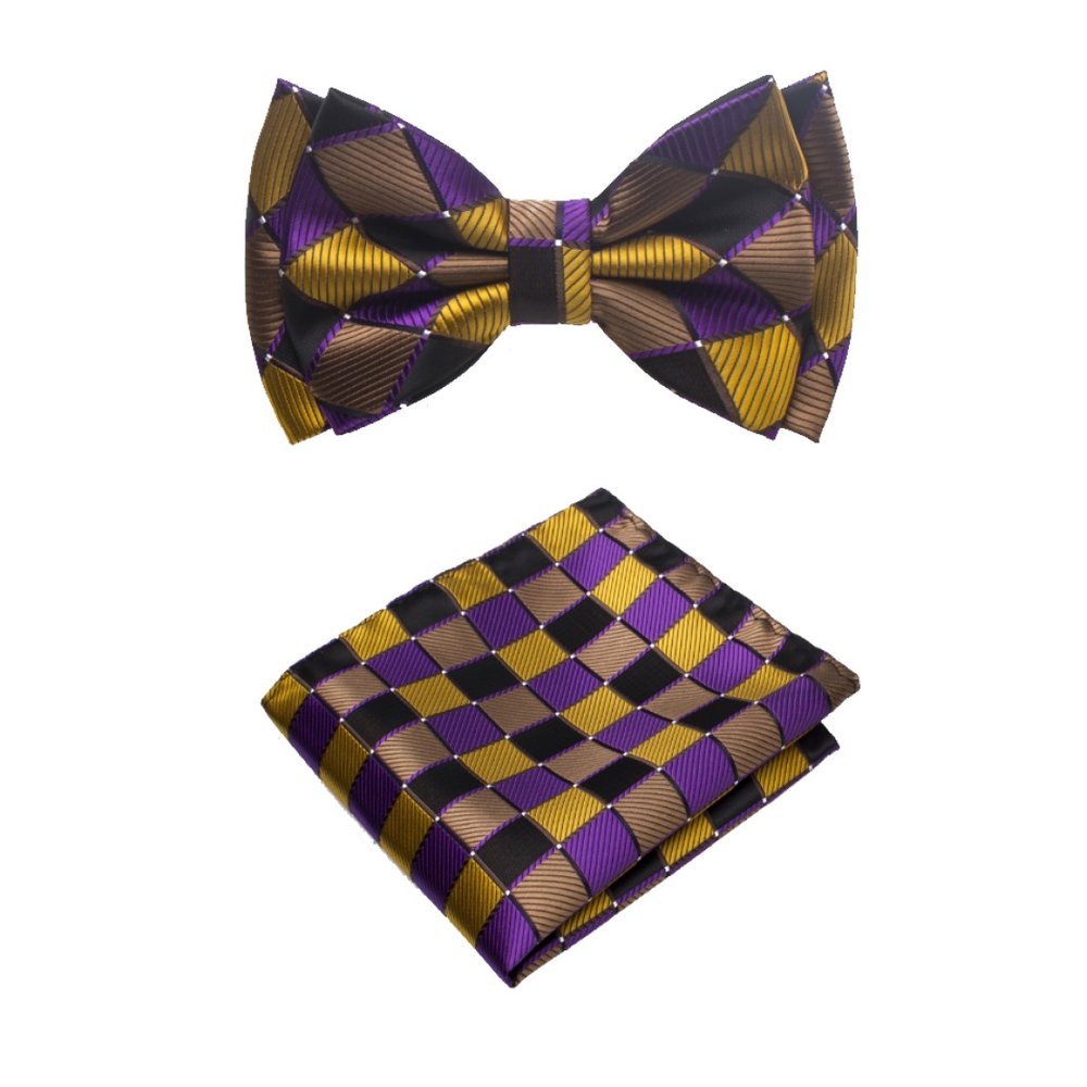 Main View: A Gold, Brown, Purple Color With Geometric Diamond Pattern Silk Kids Pre-Tied Bow Tie, Matching Pocket Square