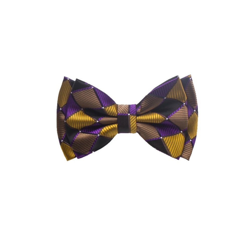 A Gold, Brown, Purple Color With Geometric Diamond Pattern Silk Kids Pre-Tied Bow Tie 