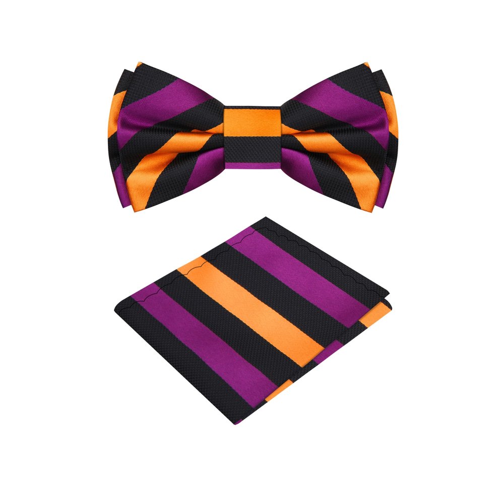 A Purple, Gold, Black Stripe Pattern Silk Self Tie Bow Tie, Matching Pocket Square||Purple, Gold, Black