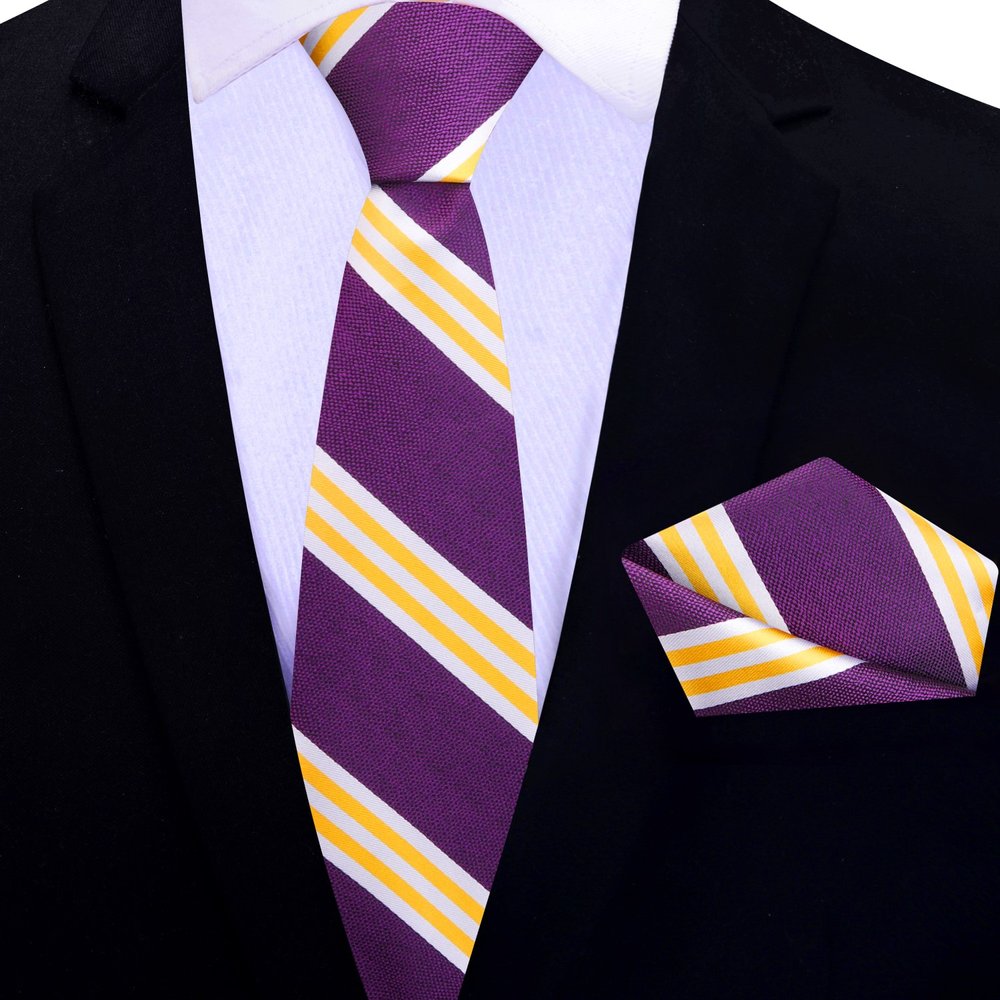 Purple, Yellow Gold Stripe Thin Tie and Square||Purple