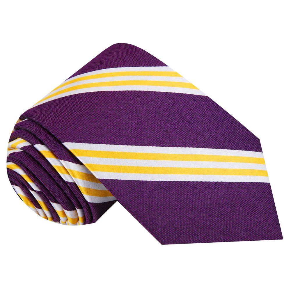 Purple, Yellow Gold Stripe Tie||Purple