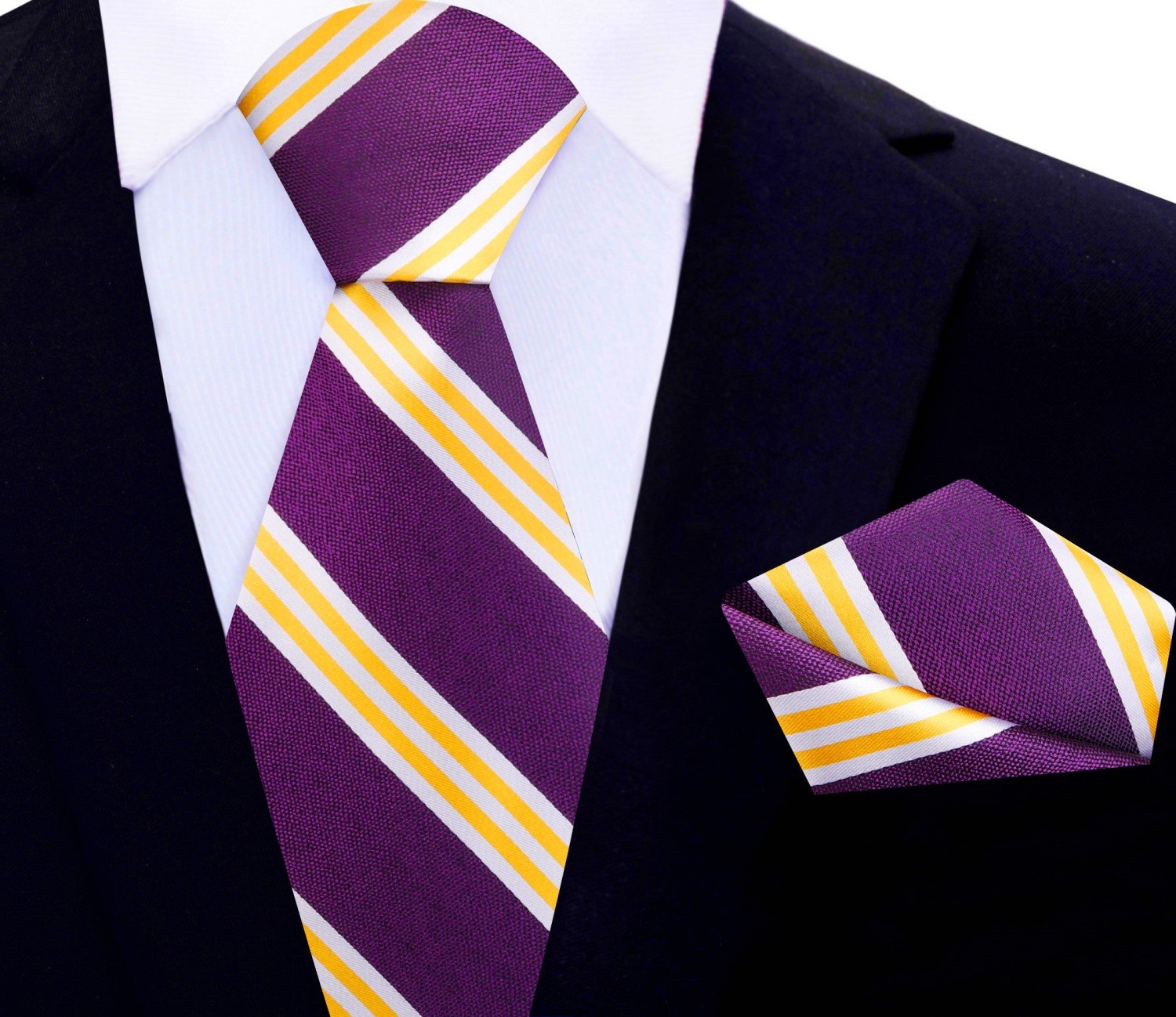 Main View: Purple, Yellow Gold Stripe Tie and Square