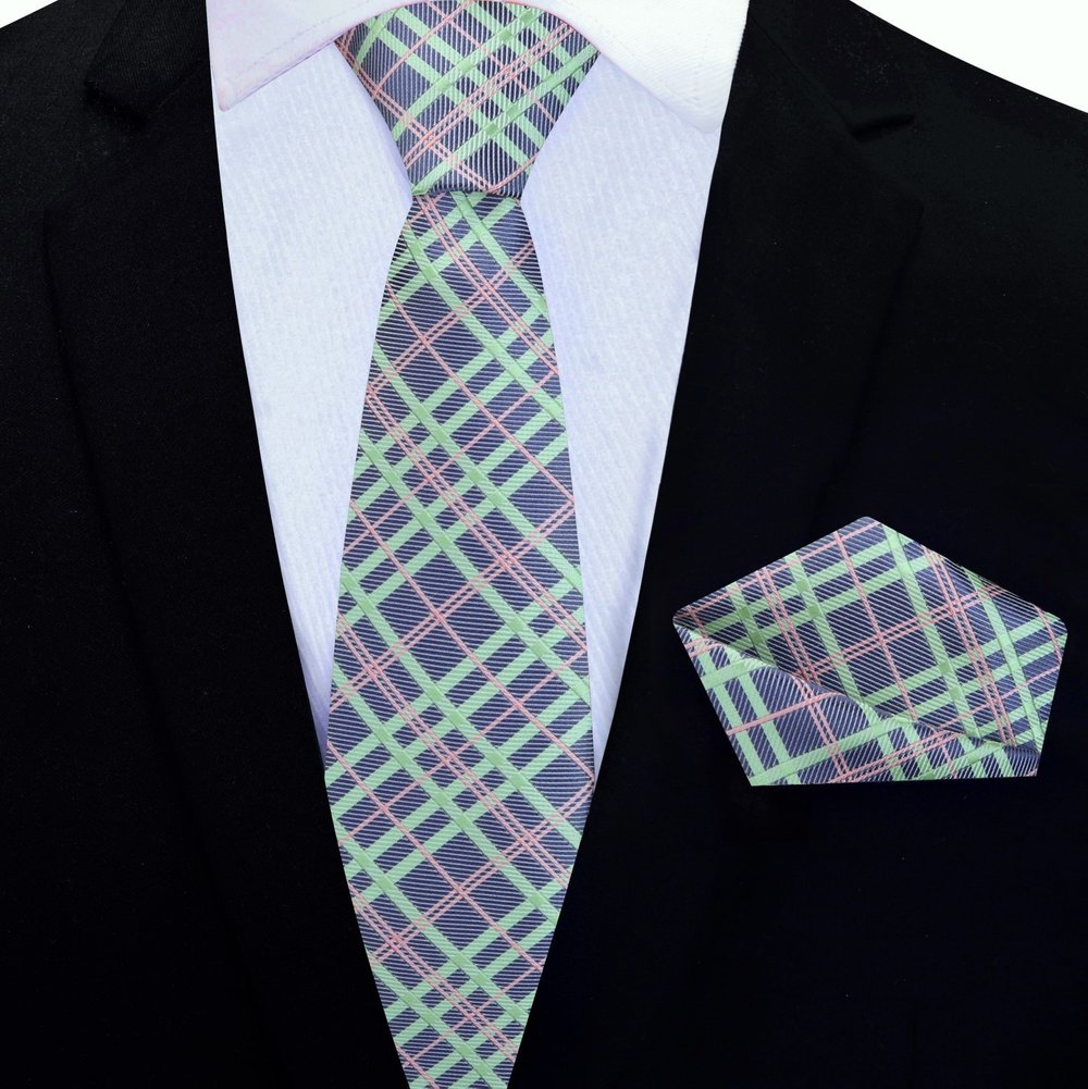 Purple, Green Plaid Thin Tie and Pocket Square