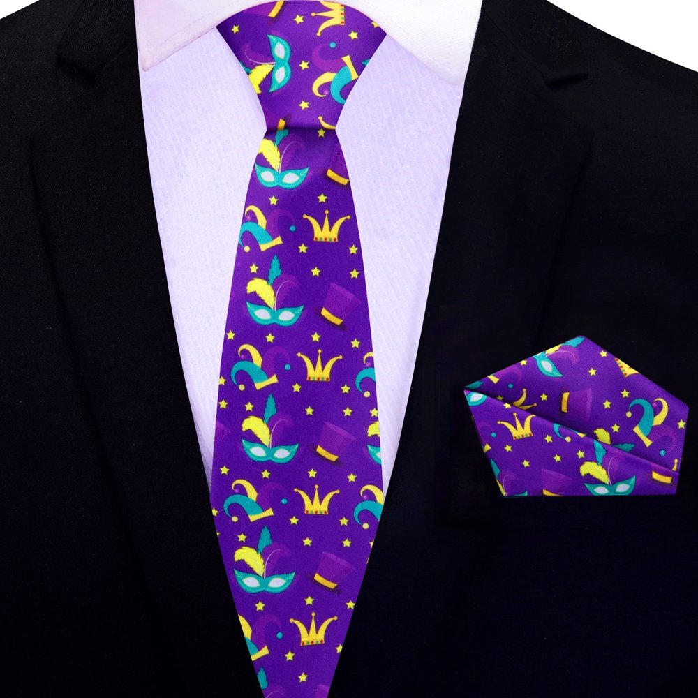 Purple, Yellow and Light Blue Mardi Gras Masks and Hats Thin Tie and Pocket Square