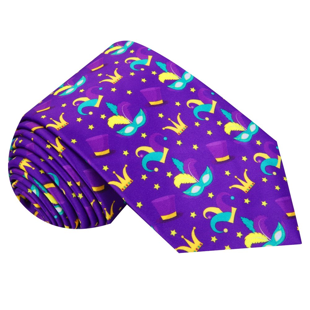Purple, Yellow and Light Blue Mardi Gras Masks and Hats Tie 