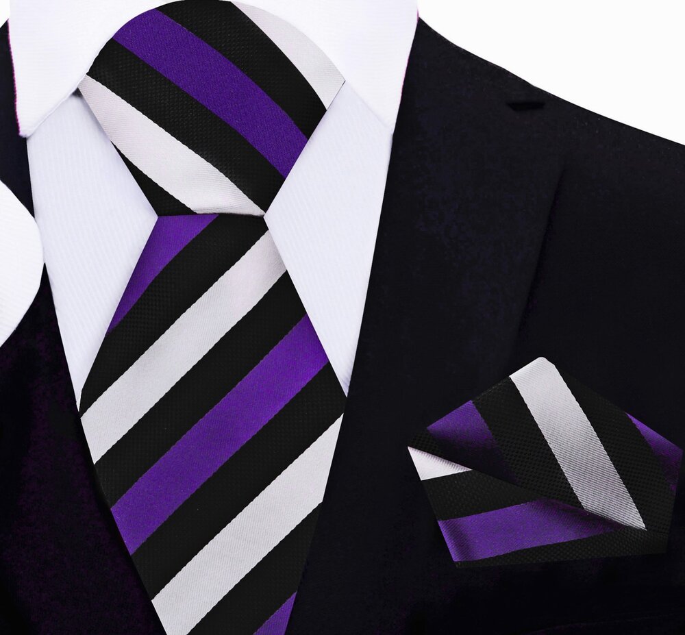 Purple, Silver, Black Stripe Tie and Pocket Square||Purple, Black, Light Silver