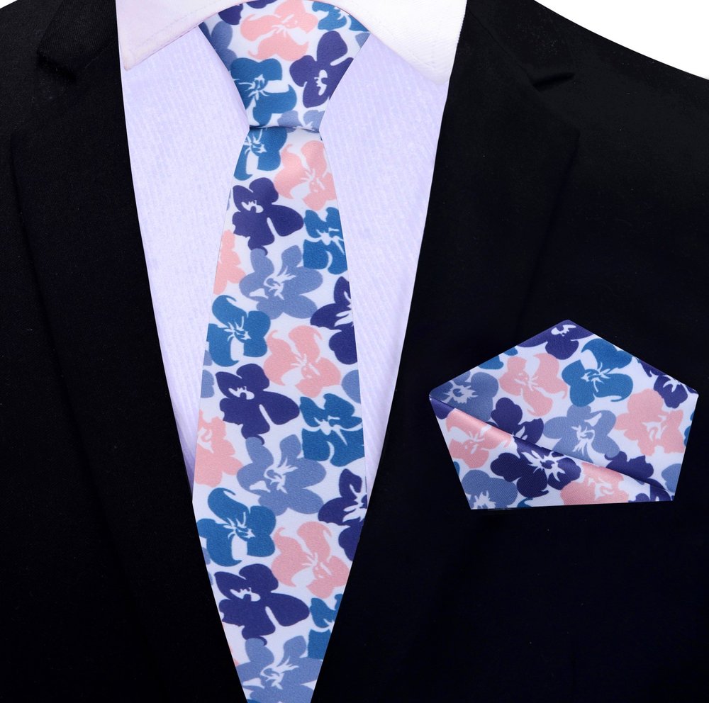 Rich Teal Hibiscus Flowers Thin Tie and Square||Rich Teal