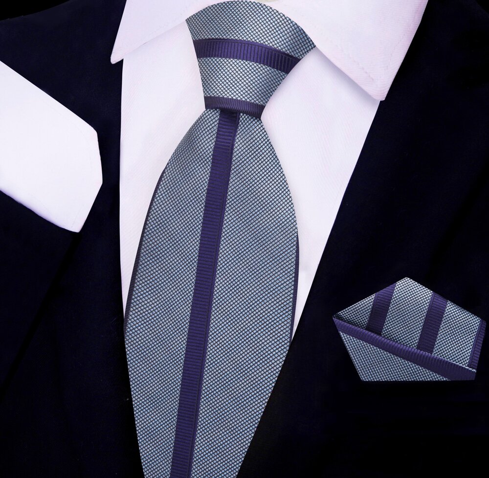 Grey, Purple Stripe Tie and Pocket Square
