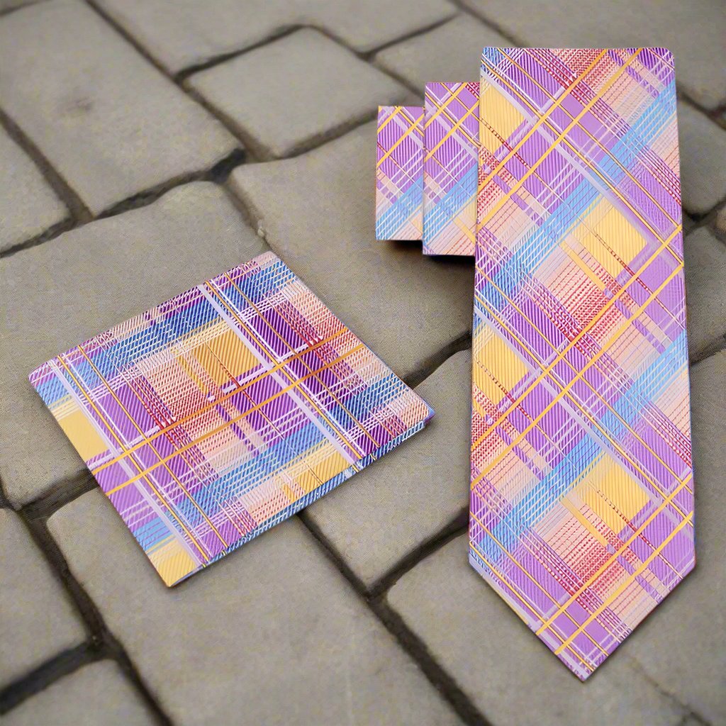 Alt View: Orange, Purple, Blue Plaid Tie and Pocket Square