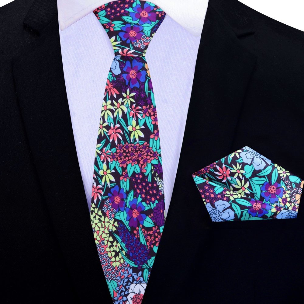 Purple, Teal, Yellow Thin Tie And Pocket Square||Purple, Teal