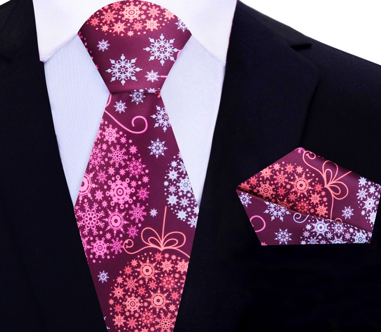 Main: Plum, Pink, Red, White Christmas Ornaments Tie and Pocket Square