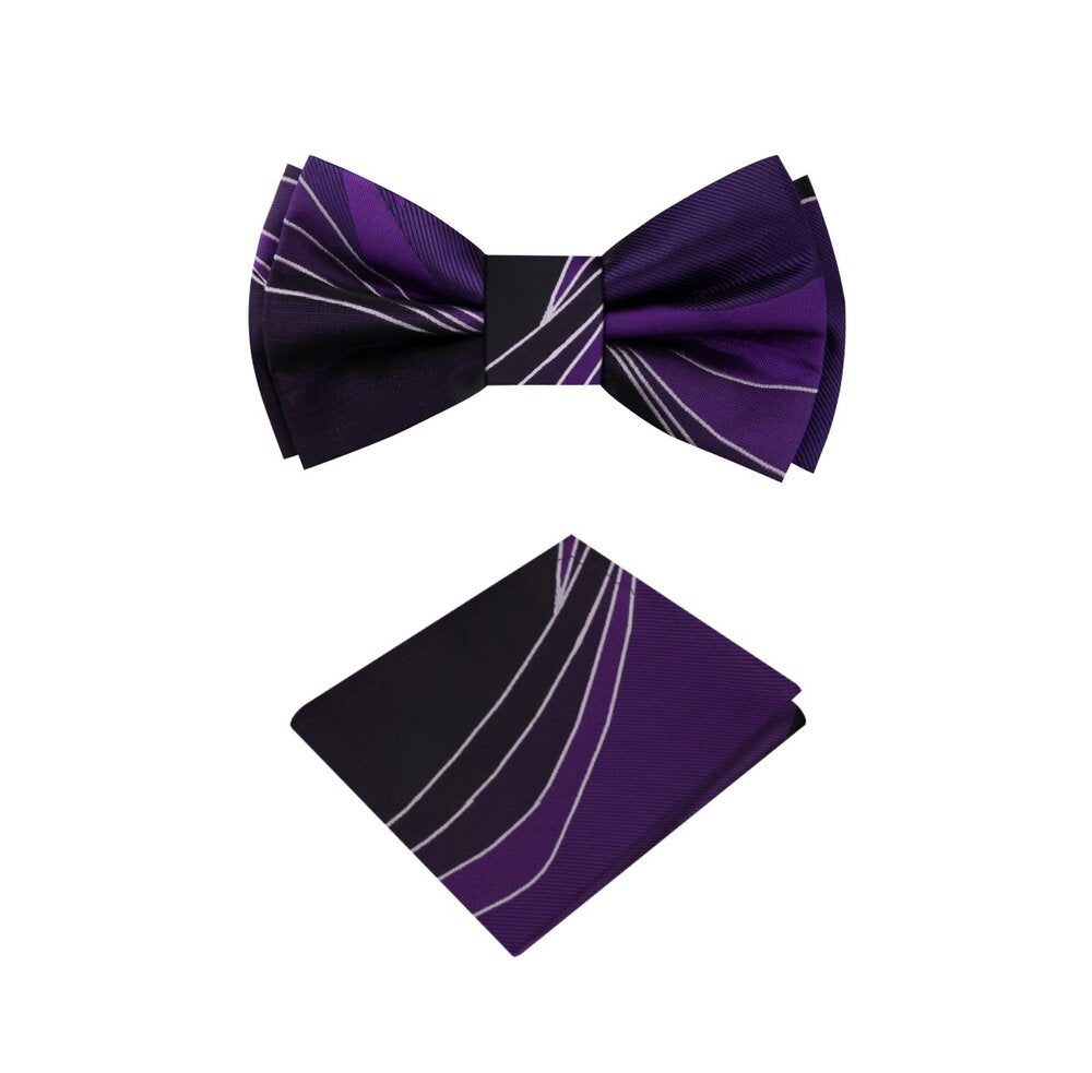 A Purple, White Abstract Pattern Silk Self Tie Bow Tie With Matching Pocket Square||Deep Purple, Purple, White