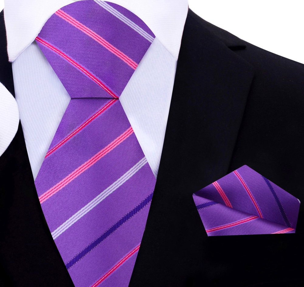 Purple Stripe Tie and Square||Light Purple, Dark Purple, Pink, White