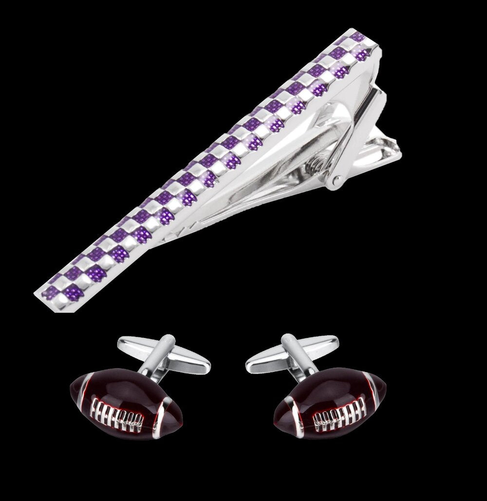 A Purple Checker Tie Bar with Football Cuff-links.